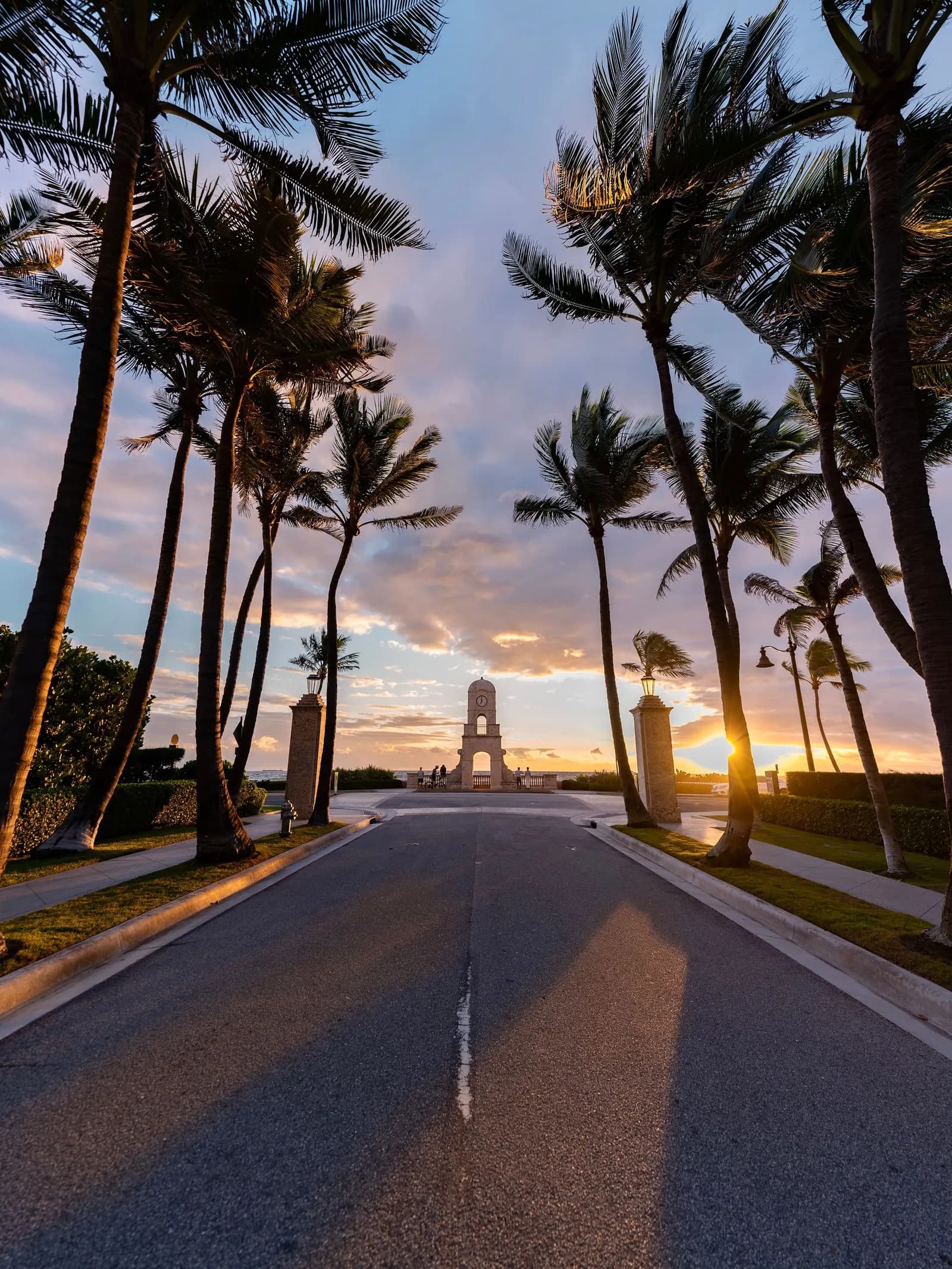 Palm-lined street leading to the Worth Avenue clock tower at sunrise